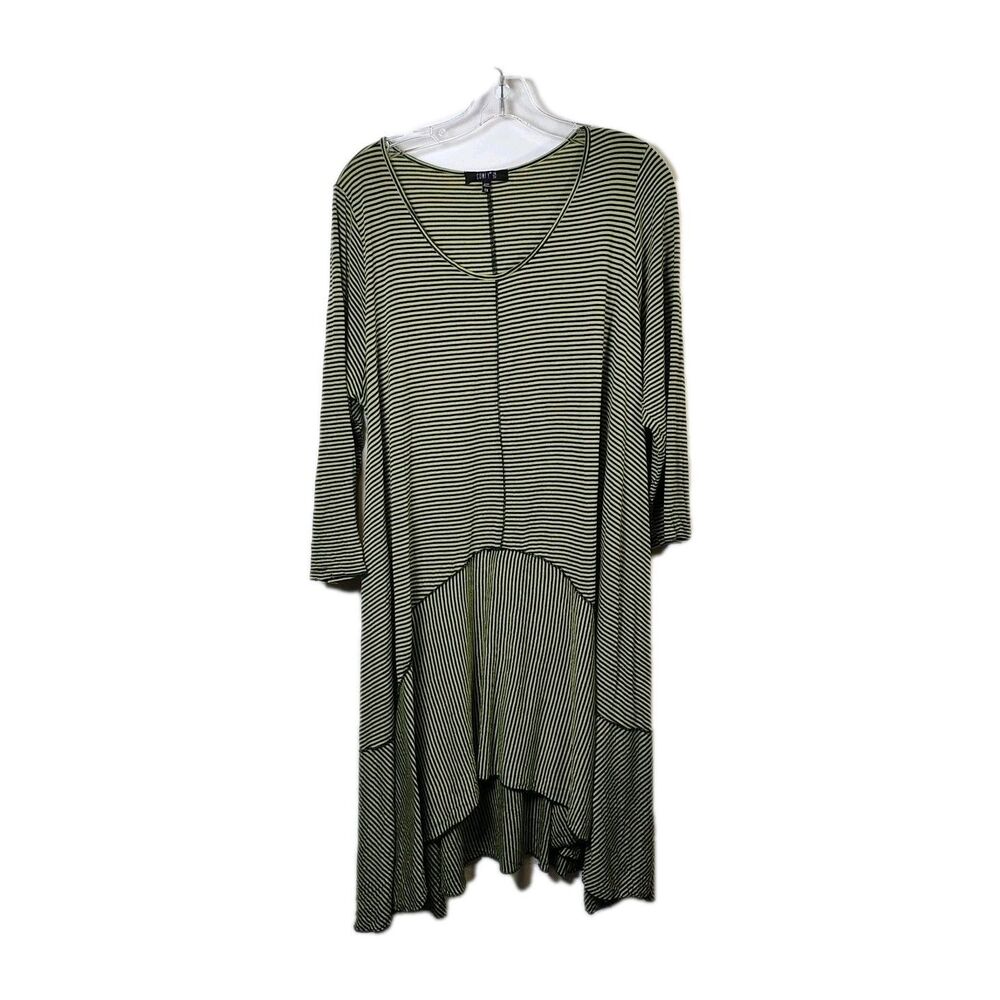 Comfy USA Womens - Sz 1X - Long A-Line Tunic Art To Wear Lime Green Black Stripe